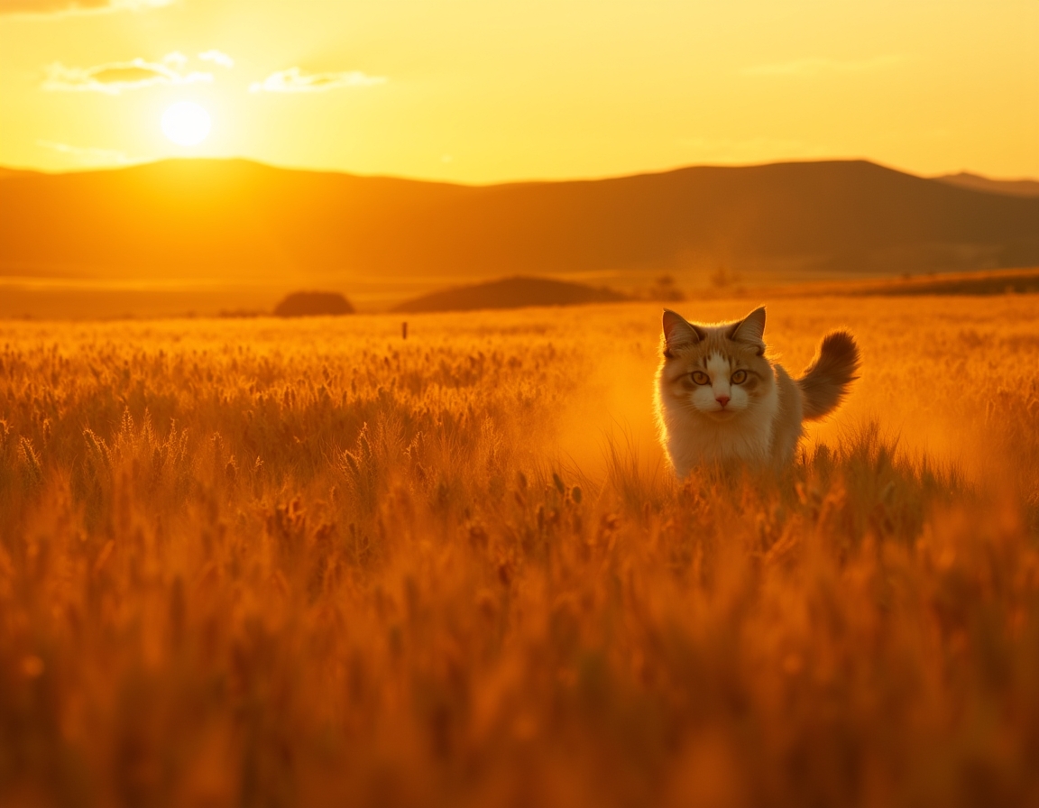 Cat sprints joyfully through a golden field, surrounded by waving wheat and warm light.